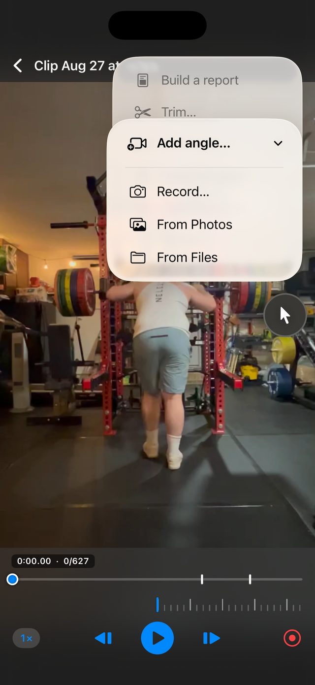 The player's overflow menu open on Add angle, offering Record, From Photos and From Files.