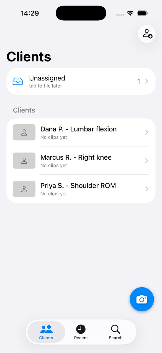 The Clients tab with an Unassigned inbox and a list of clients by injury area.