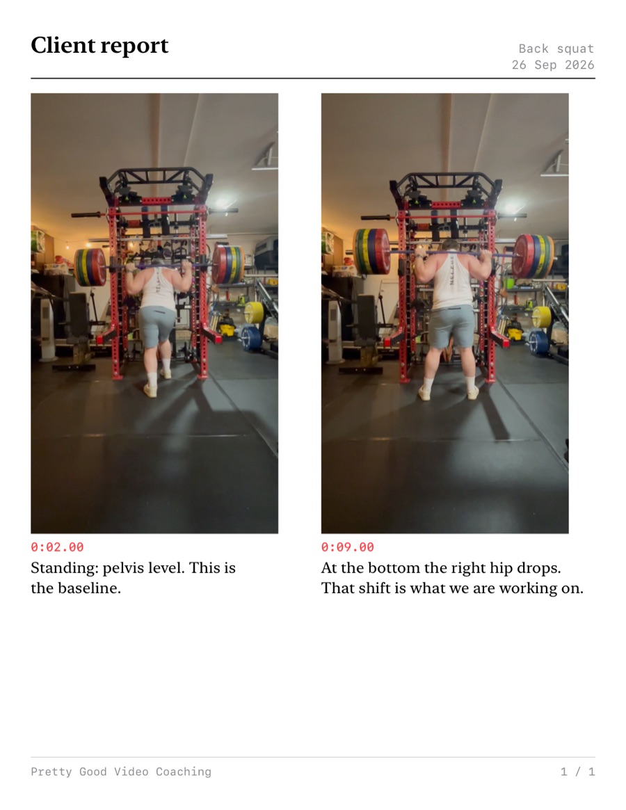 A report page showing two stills of a back squat side by side, standing and at the bottom, each with its own timecode and coaching cue underneath.