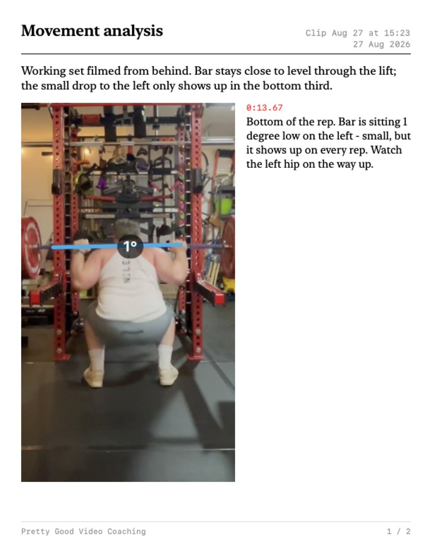 A one-page PDF report titled Movement analysis, showing a squat still with a measured line reading 1 degree, its timecode, and a coaching note.